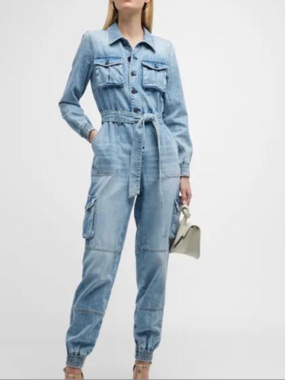 Alice + Olivia Light Blue Denim Utility Jumpsuit with Tie Waist